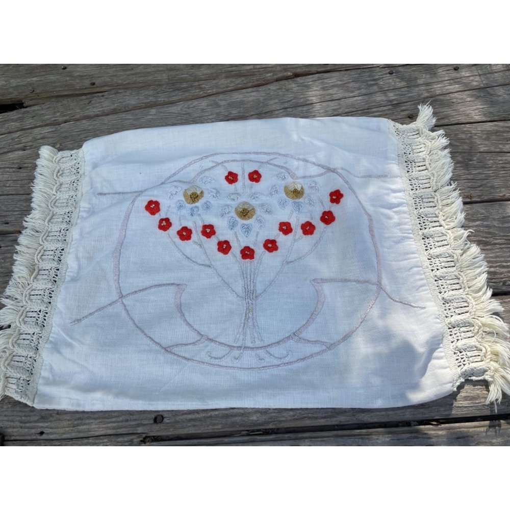 Vintage 1930s Art Deco Linen Fringed Pillow Cover Embroidered Vase Flowers
